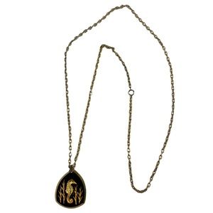 Vintage Seahorse Gold Toned Plastic Carved Pendant Costume Jewelry Necklace